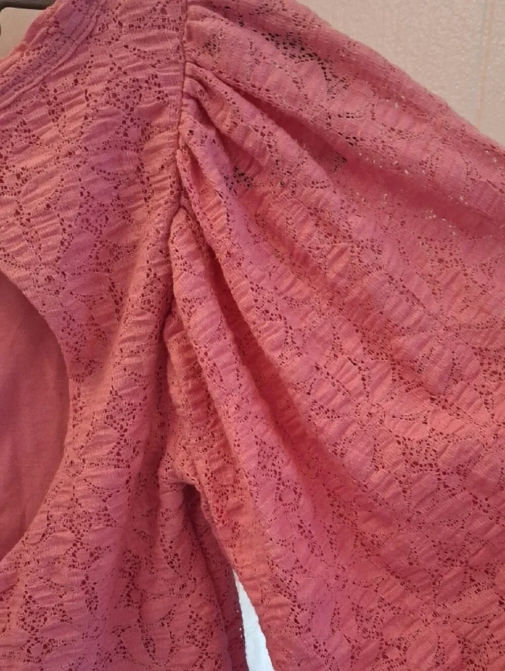 Free People Pink Orchid Lace Open Cut Out Back Balloon-Sleeve Cropped Blouse